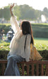 Women Lace Tie Lantern Sleeves Loose Tops